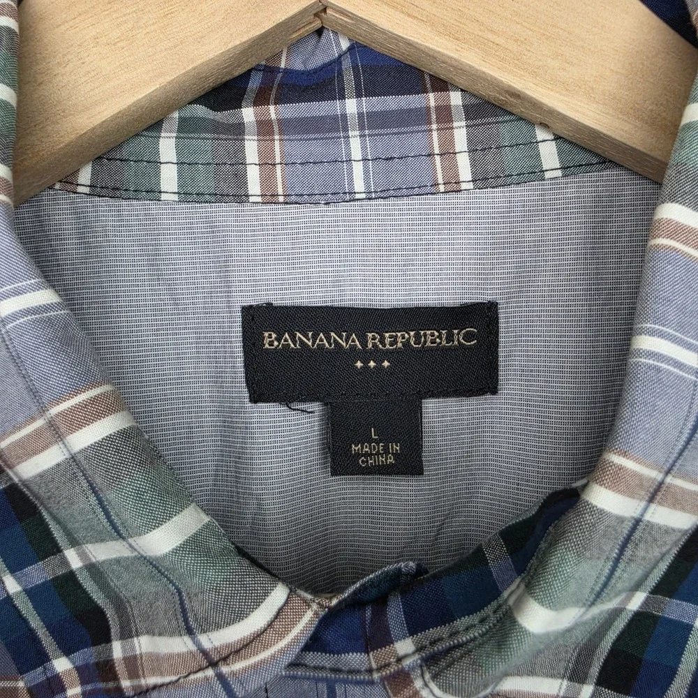 Banana Republic Shirt Mens Large Blue Plaid Button Up Long Sleeve Casual Pocket